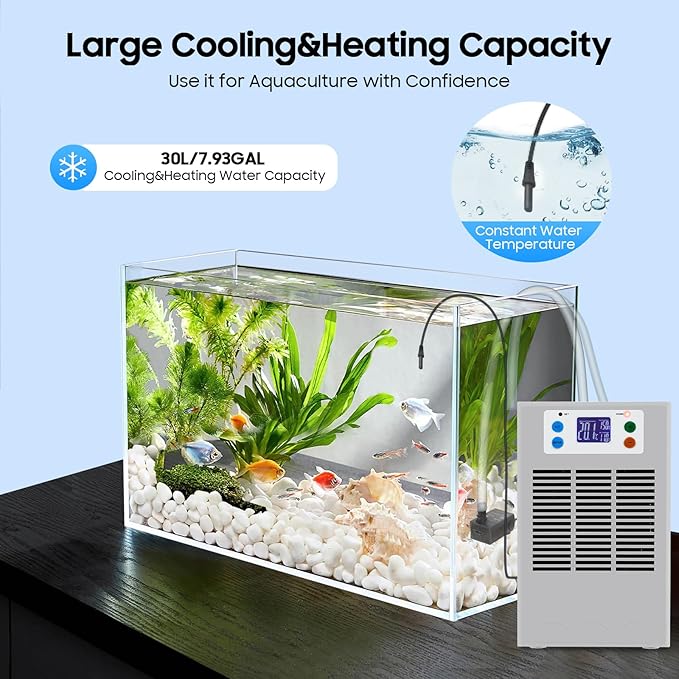 100W Aquarium Chiller Water Chiller for Home Fish Tank, 30L/7.93Gal Cooling Capacity 50-104°F Temp Control Chiller with LED Screen, 35-45dB Low Noise Aquarium Cooler for Axolotls, Coral Reef