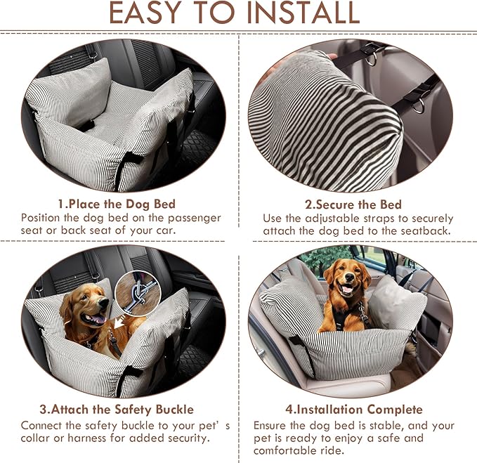 Dog Car Seat for Small/Medium Dogs Under 40 lbs - Elevated Pet Seat with Safety Belt, Non-Slip Base, and Storage Pockets for Car Travel (Brown, 30 x 20.5 inch)