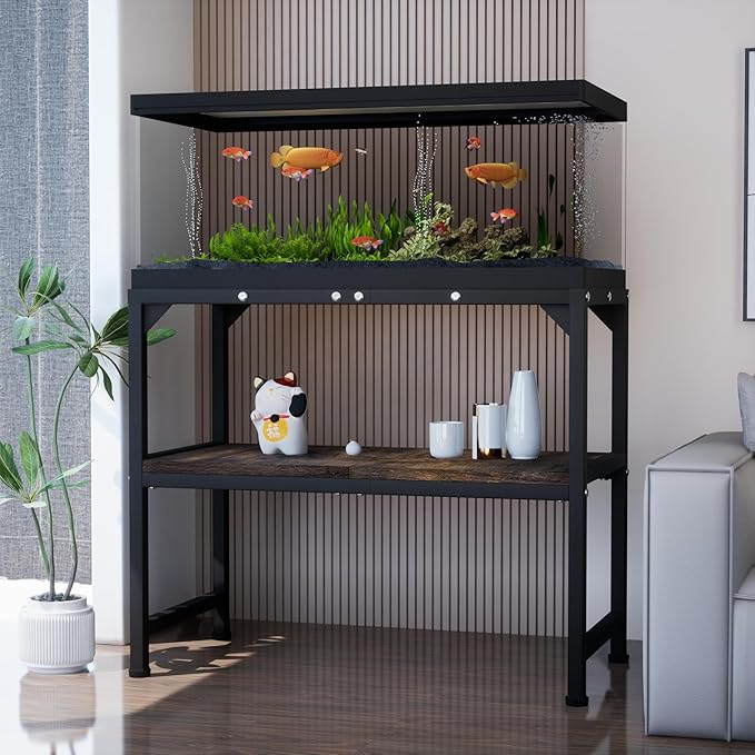 10-20 Gallon Fish Tank Stand, Metal Aquarium Stand with Adjustable Non-Slip Foot and Wooden Shelf, Reptile Tank Stand Easy to Assemble for Home Office, Firm and Steady(Tank not Included)