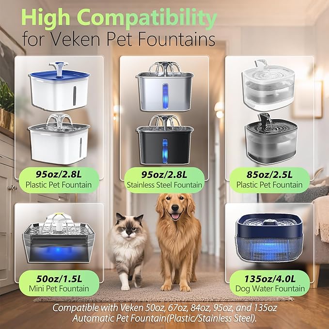 12+12 Pack Pet Fountain Replacement Filters Compatible with Veken 67oz 84oz 95oz 135oz Plastic Stainless Steel Pet Water Dispenser, Cat Water Fountain Filters for Dog Cat with Foam Filter