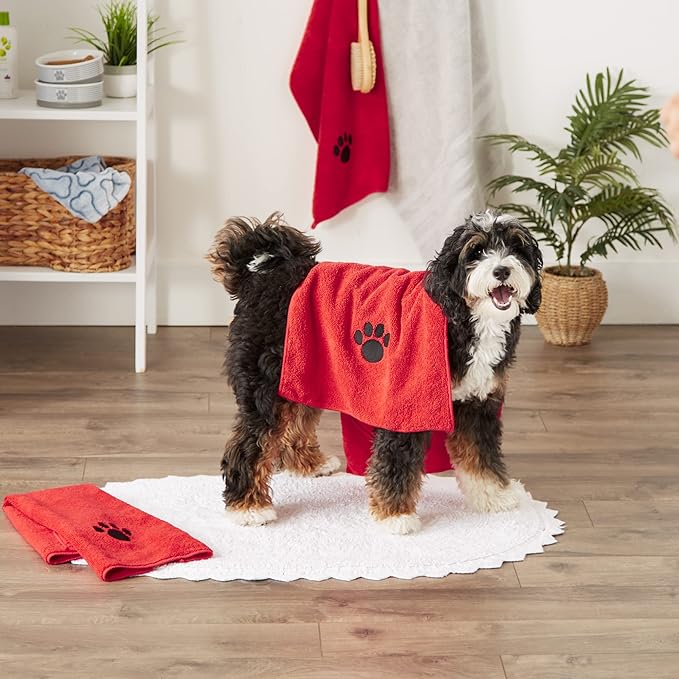 Bone Dry Pet Grooming Towel Collection Embroidered Absorbent Microfiber Drying Set, 15x30, Red, 3 Count (Pack of 2)