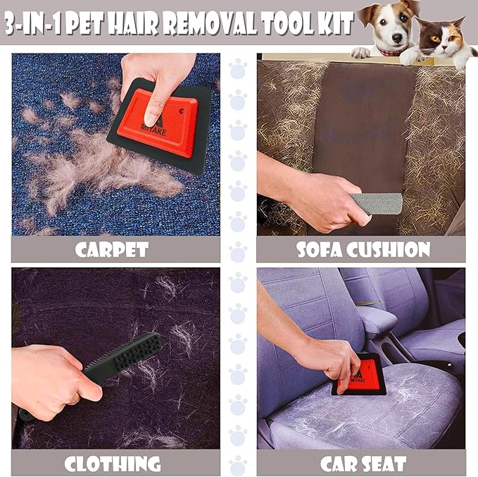 Miyake 3-in-1 Pet Hair Removal Tool Kits - Auto Detailing, Couch, Furniture, Lint & Carpet Cleaner, Cat and Dog Hair Remover, Car Detailing Supply & Home Tools