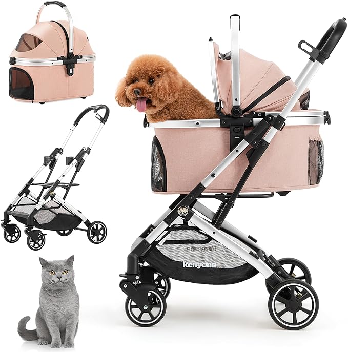 Kenyone 3-in-1 Pet Stroller for Small Medium Dogs Puppy Cat Stroller with Detachable Carrier & Pad Lightweight Foldable Aluminum Alloy Frame Dual No-Zip Entry(Pink)