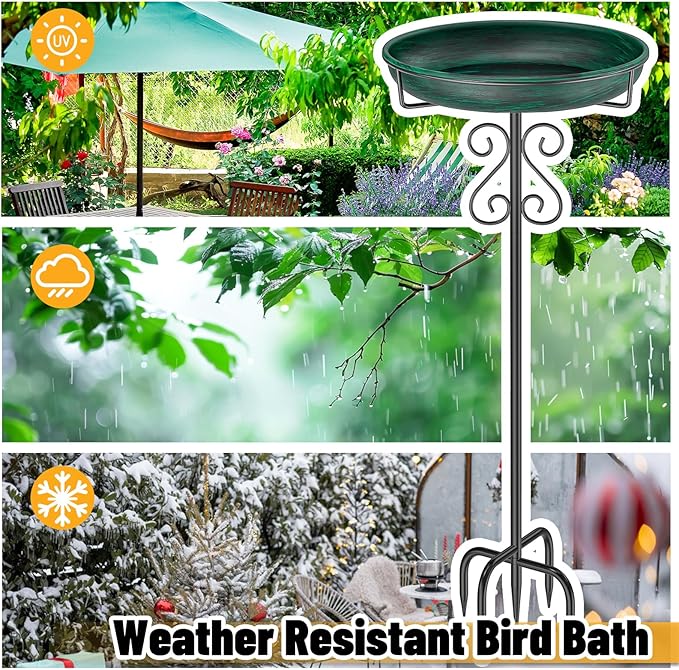 Metal Bird Bath for Outside,Bird Baths Feeder Bowl with 5 Prongs Base Stake,Freestanding BirdBaths for Outdoors Garden Patio Yard Lawn Decor (Vintage Green)