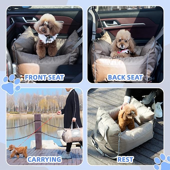 Dog Car Seats for Small & Medium Dogs, Waterproof Dog Booster Seat with Storage Pockets Soft Travel Bed with Clip-On Safety Leash and Secure Straps Puppy Travel Carrier Bed, Light Brown