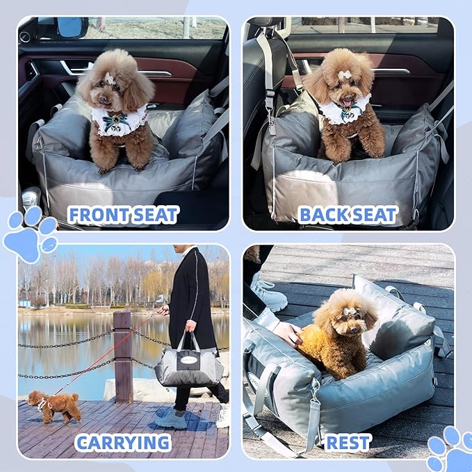 Dog Car Seats for Small & Medium Dogs, Waterproof Dog Booster Seat with Storage Pockets Soft Travel Bed with Clip-On Safety Dogs Leash and Secure Straps Puppy Travel Carrier Bed，Gray