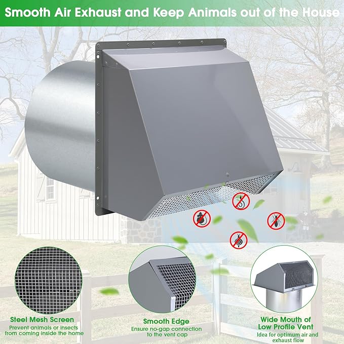 10 Inch Hooded Wall Vent Exhaust with Screen and Damper,Outdoor Wall Exhaust Vent Cover Cap for Kitchen Range Hood Outside Exterior Dryer Ventilation,Galvanized Steel,Gray