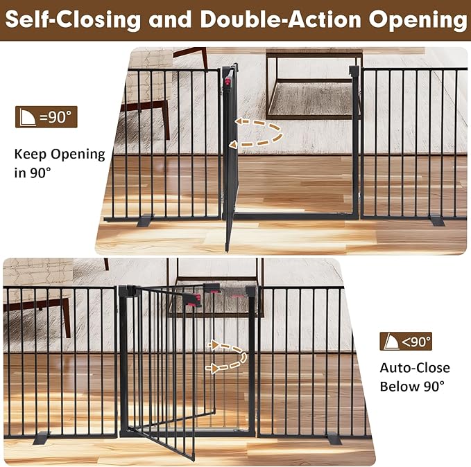 104" Extra Wide Dog Gate, Heavy Duty Metal Freestanding Dog Gate with Door for Indoor & Outdoor, Foldable Pet Fence for Doorways,House,Porch,Deck,Yard,Stairs, Auto Close(4 Panels,Black)