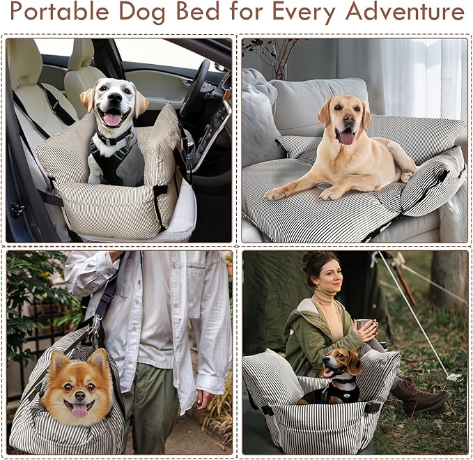 Dog Car Seat for Small/Medium Dogs Under 40 lbs - Elevated Pet Seat with Safety Belt, Non-Slip Base, and Storage Pockets for Car Travel (Brown, 30 x 20.5 inch)
