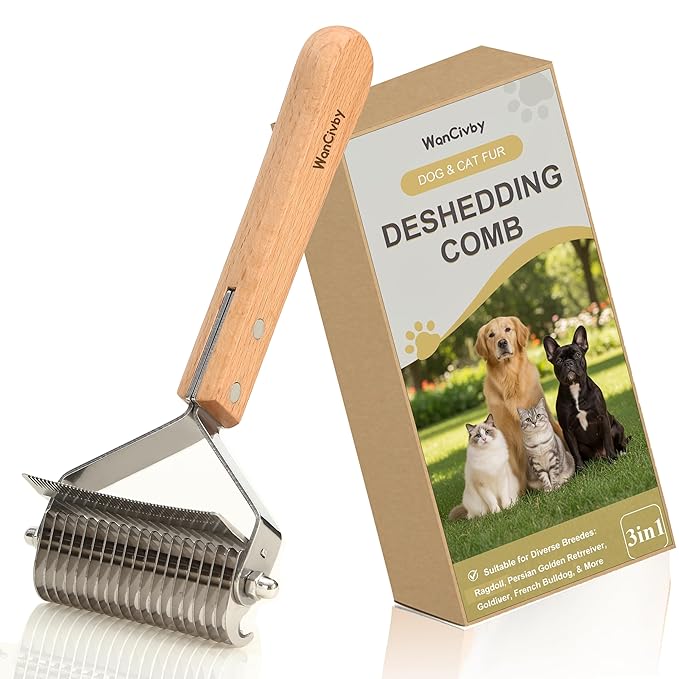 3-in-1Dematting & Deshedding Comb Undercoat Rake for Cats& Dogs，Detangling Matted Fur & Hair Remover Tool Pet Grooming Rake for Shedding and Dematting，Ergonomic beech wood handle (Square Handle)