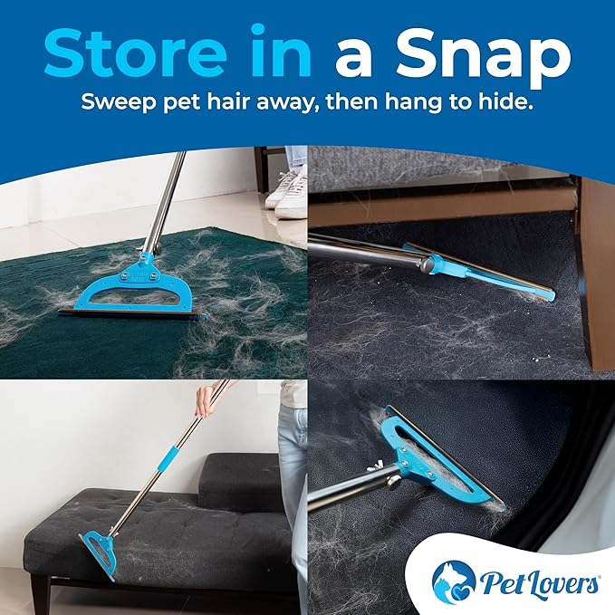 PetLovers EzLint Mega 52" Carpet Rake & Pet Hair Removal Tool – Dog & Cat Hair Remover Broom with Adjustable Handle & Extra Wide Head for Carpets, Rugs & Stairs Ocean Blue