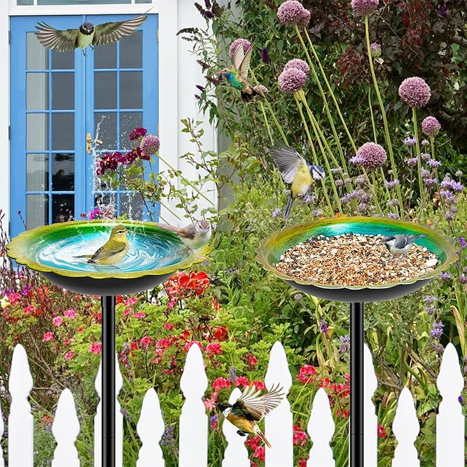 38In Bird Bath for Outside, Metal Birdbath Bowl Decorated Metal with 5 Prong Base Stand Outdoor Bird Baths Bird Feeder Garden Decor Yard Art (Blue-Green)