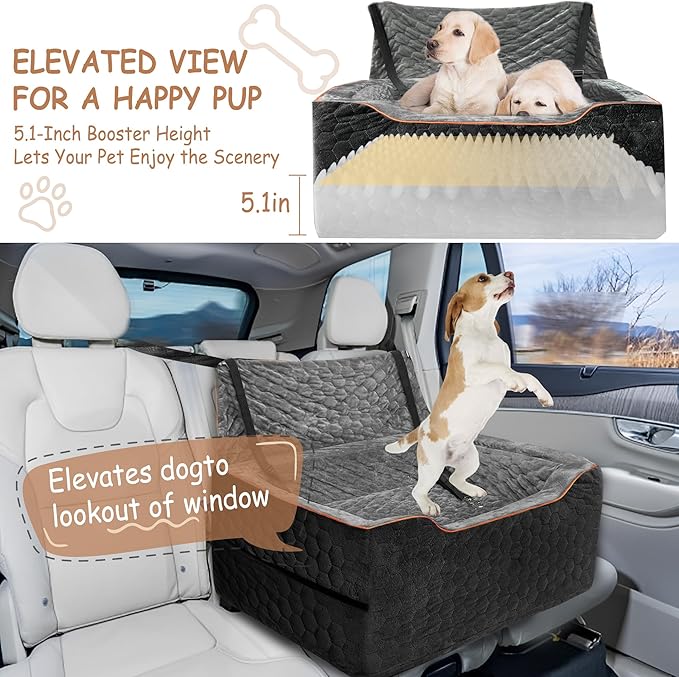 Dog Booster Seat for Larger & Medium Dogs – Comfortable Dog Car Bed with Washable Cover and Storage Pockets for Pets Up to 60lbs (BlackGray)