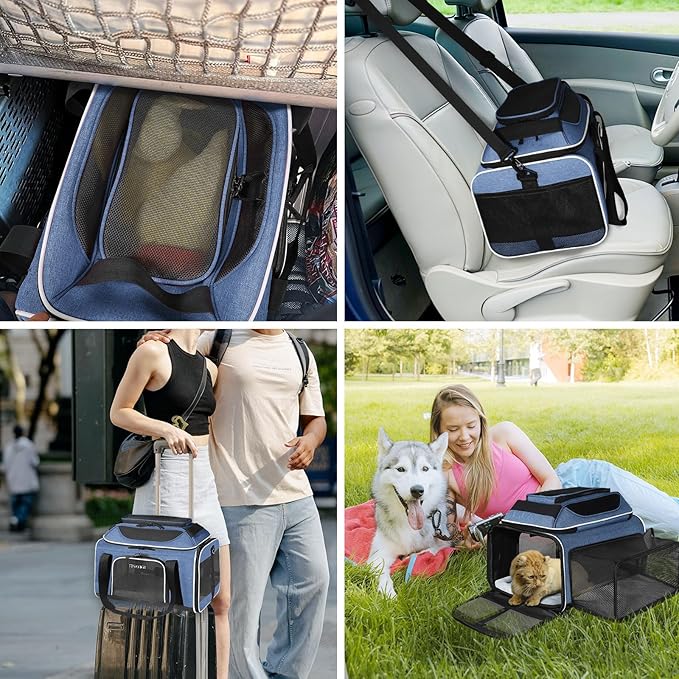 Petskd Top and Side Expandable Pet Carrier 18x11x11 Inches Delta United Airline Approved, Soft-Sided Carrier for Small Cats and Dogs with Locking Safety Zippers and Anti-Scratch Mesh(Blue)