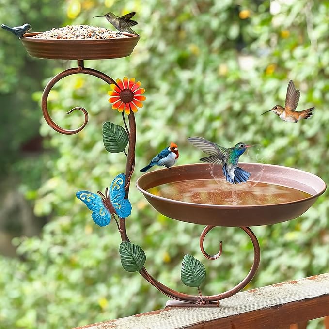 Deck Bird Bath, Metal Birdbath and Feeder for Balcony Railing, Decorative Deck Mounted Bird Baths, Outdoor Birdbath Feeders with Adjustable Heavy Duty Clamp for Patio Porch Garden