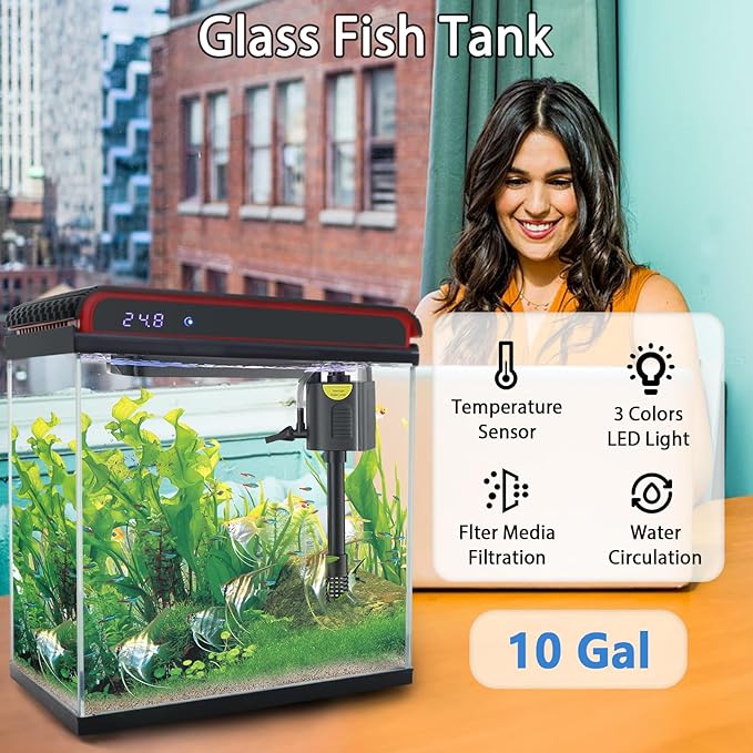 10 Gallon Fish Tank Smart Aquarium Kit, Glass Small Aquarium Starter Kits Self Cleaning with 3 Types of LED Lights and Filter Water Pump, Water Temperature Detection Ultra Quiet Gift for Kid