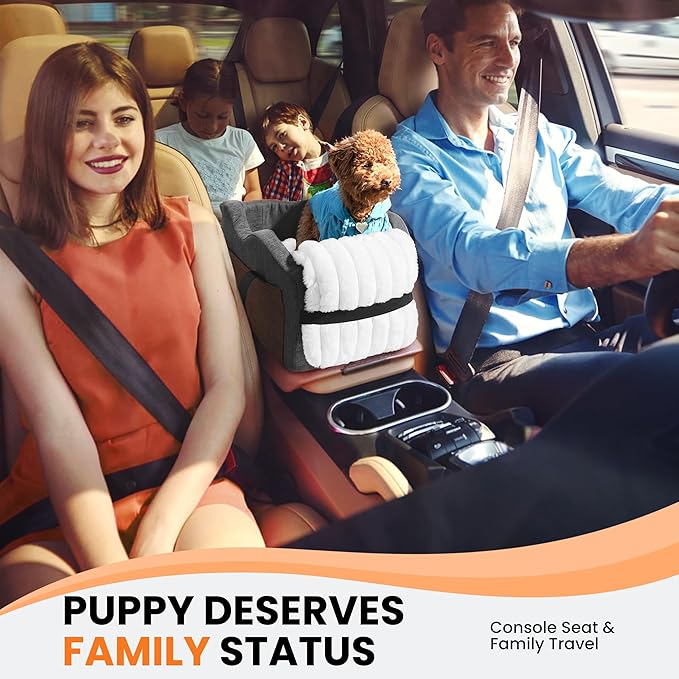Center Console Dog Car Seat for Small Dogs with Bunny Fleece, Anti-Slip Booster Car Seat with Collar Hook, Triple Protection, Portable Washable, for Pets Up to 13.5lbs (Grey-Black)
