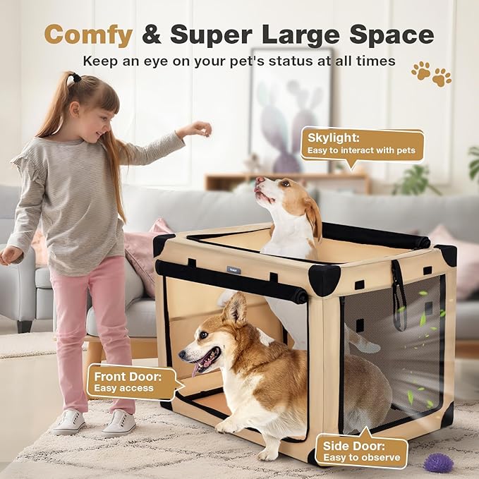 26 Inch Collapsible Travel Dog Crate for Medium Dogs, Portable 4-Door Foldable Soft Kennel with Mat and Durable Mesh Windows for Car & Outdoor, with Storage Bag