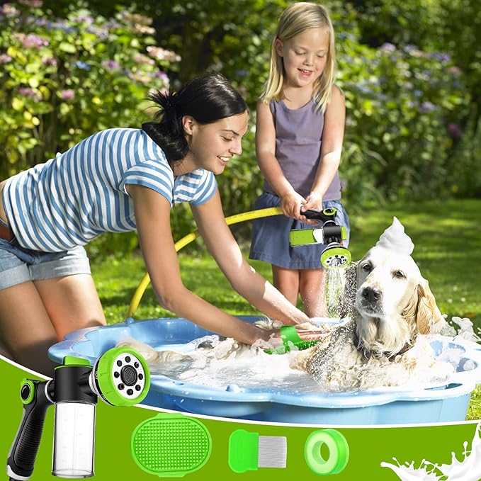 Upgrade Dog Washing Hose Attachment, Dog Shower Attachment with Soap Dispenser, Dog Shampoo Hose Attachment with Pet Bath Brush Car Wash Mitt & Dog Comb for Showering Pet (Hose Not Include)
