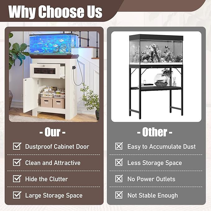 10-15 Gallon Fish Tank Stand, Aquarium Stand with Power Outlets, 198LBS Capacity, Fish Tank Table with Storage Cabinet and Drawer, Aquarium Table for Reptile Terrarium Stand, Beige Brown