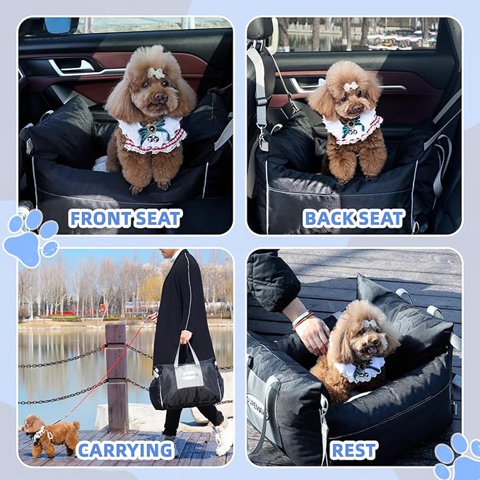 Dog Car Seats for Small & Medium Dogs, Waterproof Dog Booster Seat with Storage Pockets Soft Travel Bed with Clip-On Safety Dogs Leash and Secure Straps Puppy Travel Carrier Bed，Black