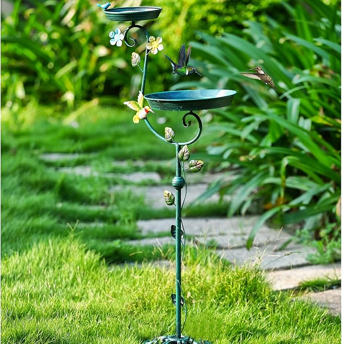 Bird Bath for Outside, 43" Tall Bird Baths and Feeders for Outdoors, Cast Iron Bird Bath and Feeder Combo, Metal Heavy Duty Birdbath Pedestal, Floral Decorative Birdbaths for Outdoor Garden