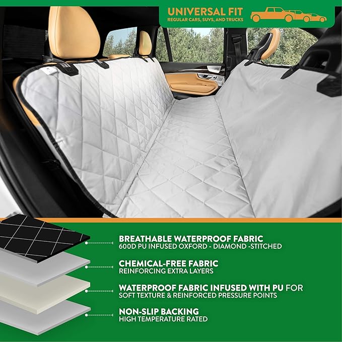 Plush Paws Products Premium Rear Car Seat Protector w/Hammock | Washable & Waterproof Back Seat Dog Cover for Car, Truck, & SUV | Nonslip, Tear Resistant Pet Seat Cover | Regular Grey