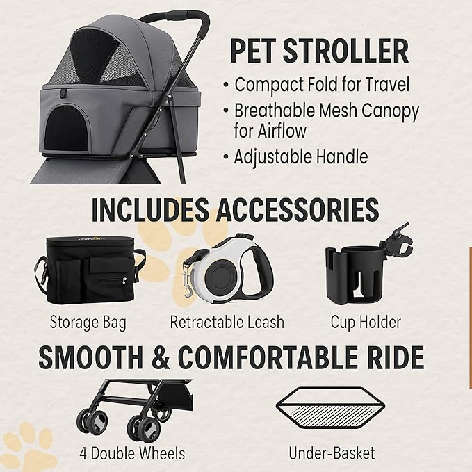 3 in 1 Pet Stroller - Foldable Dog Stroller & Pet Carrier - Included with Storage Bag, Cup Holder & Pet Leach - Cat Carrier with Detachable Basket & Breathable Canopy (Grey)