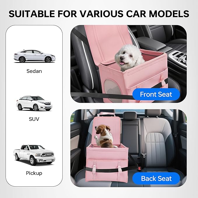 Dog Booster Car Seat with Washable Removable Cover for Small Dogs up to 13 lbs,Fits Car Truck SUV.(Pink)