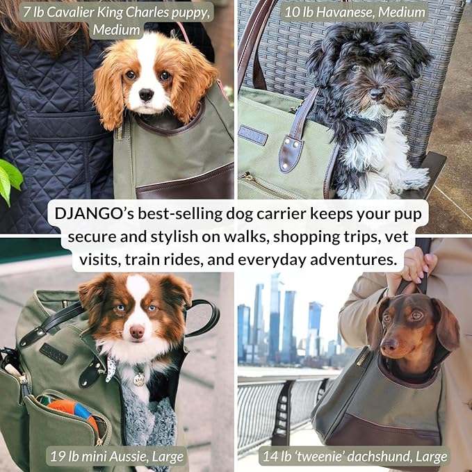 DJANGO Waxed Canvas & Leather Dog Carrier Tote Bag – Premium Soft-Sided Travel Dog Purse with Safety Leash, WR Lining, & Large Zipper Pockets – Everyday Pet Carrier for Small Dogs (Olive, Medium)