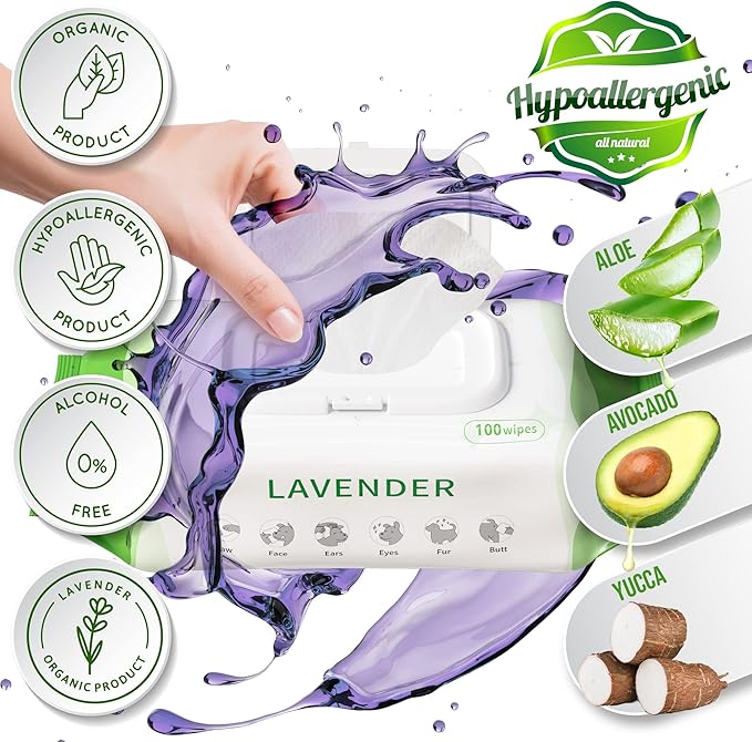 Dog Wipes for Paws and Butt Ears Eyes | Organic Pet Wipes for Dogs | Hypoallergenic Lavender Scented Dog Wipes Cleaning Deodorizing | Extra Thick Plant Based Wipes Dogs Cats Pets | 100 Count