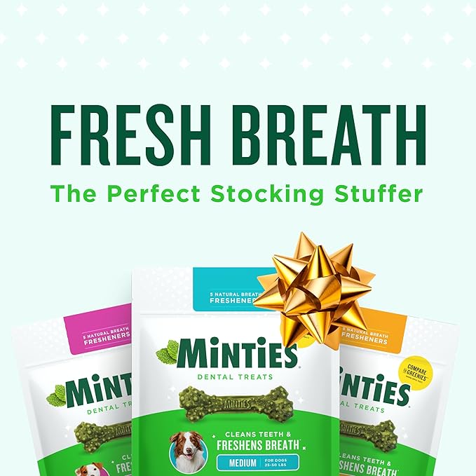 Minties Dental Chews for Dogs, 60 Count, Vet-Recommended Mint-Flavored Dental Dog Treats for Medium Dogs, Bones Clean Teeth, Fight Bad Breath, and Removes Plaque and Tartar