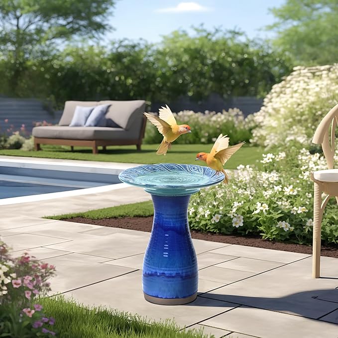 LuxenHome 20 Inch Ceramic Bird Bath for Outside, Elegant Tall Outdoor Bird Bath, Lightweight Pedestal Glazed Birdbaths for Outdoors with Leaf Pattern, Deep Cobalt Blue