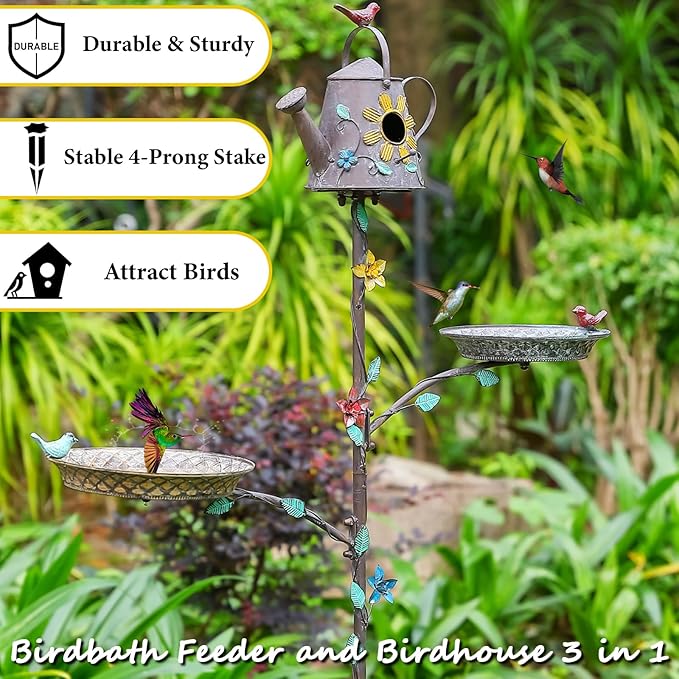 Bird Baths and Houses for Outside with Pole, 3-in-1 Bird Bath, House & Feeder with Metal Stake, 67.9" Tall Free Standing Birds Feeders Birdhouses for Outdoors with 4-Prong Stake