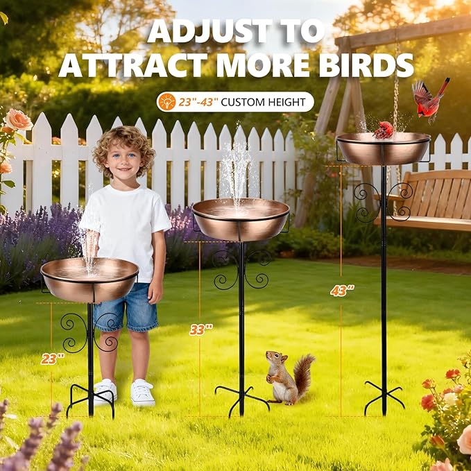 3" Deep 43" Tall Metal Bird Bath for Outdoors, 12" Dia Removable Bird Baths Water Bowl for Outside, Vintage Standing Birdbaths with Stable Stake for Garden Yard Lawn Decor 1.4 Gallon