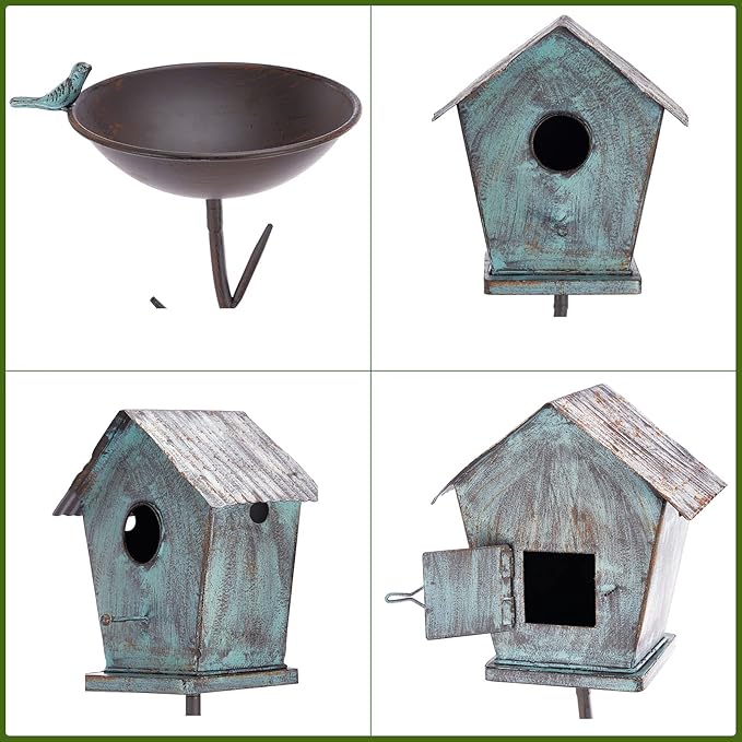 Bird Baths and BirdHouses with Pole, Distressed Metal Bird Bath Bowl and Birdhouse Stake for Outdoor Garden Yard Decoration (Bird Baths/BirdHouses-D)