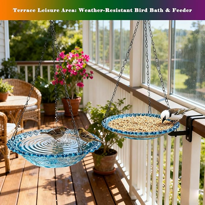 2 Pack Super Value Hanging Plastic Bird Baths and Feeders for Outdoors Bird Water Bowls and Seed Trays Set Attract Wild Birds Garden Yard Decor Gift (Blue)