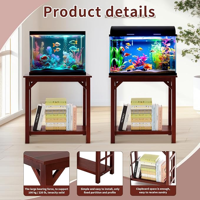 10-20 Gallon Solid Cherry Wood Fish Tank Aquarium Stand, Heavy Duty 220lb Load Capacity, Compact Accessories Storage Shelf, Brown Wood Tank Table, 25.5 x 13.7 x 25.5 in
