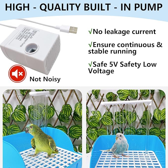 kathson Automatic Parrot Bathtub with Pump, Large Bird Shower Fountain, Parakeet Bath Tub for Medium Birds,Cockatiel,Cockatoo,Lovebird,African Grey,Conure, Budgie (Blue)