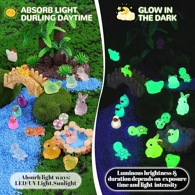 110PCS Mini Resin Animals Tiny Cute Figurines Glow in Dark, Miniature Figures to Hide, Little Animal Toys Small Accessories for Topper Desk Garden Dollhouse Landscape Aquarium Ornaments Crafts & Decor