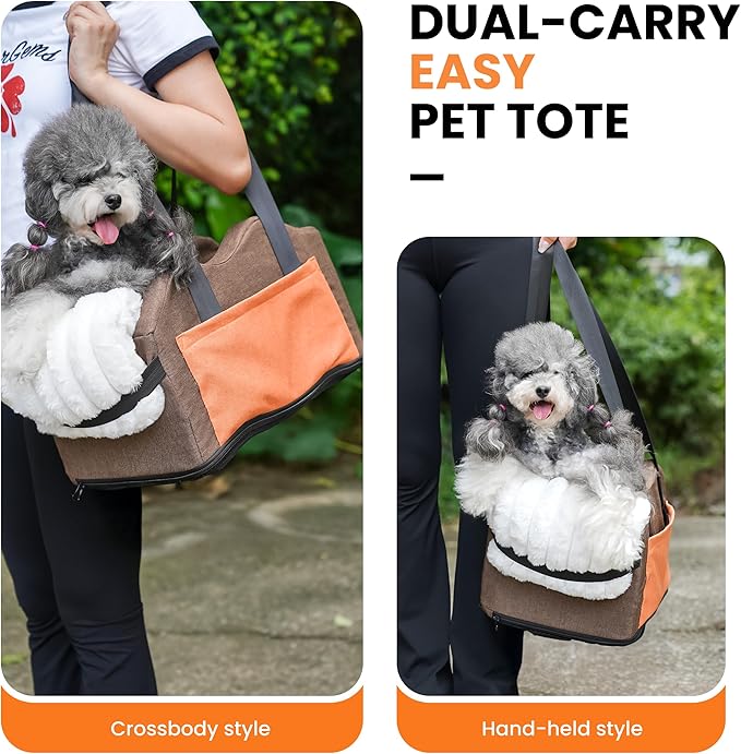 Center Console Dog Car Seat for Small Dogs with Bunny Fleece, Anti-Slip Booster Car Seat with Collar Hook, Triple Protection, Portable Washable, for Pets Up to 13.5lbs (Brown-Orange)