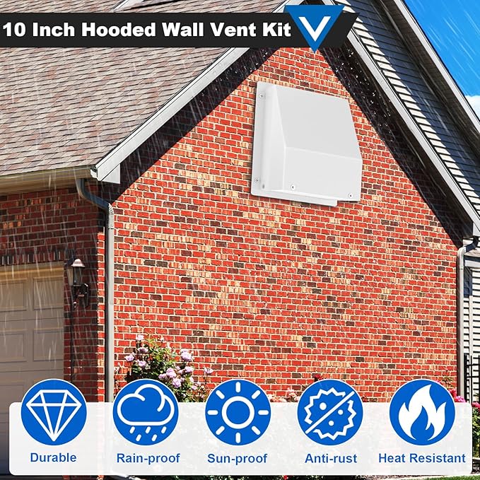 10 Inch Hooded Wall Vent with Screen and Damper, Galvanized Steel Wall Vent Cap White Metal Hood Cover Exhaust Duct Kit with Hose Clamp Foil Tape Screws for Exterior Laundry Room Bathroom Basement