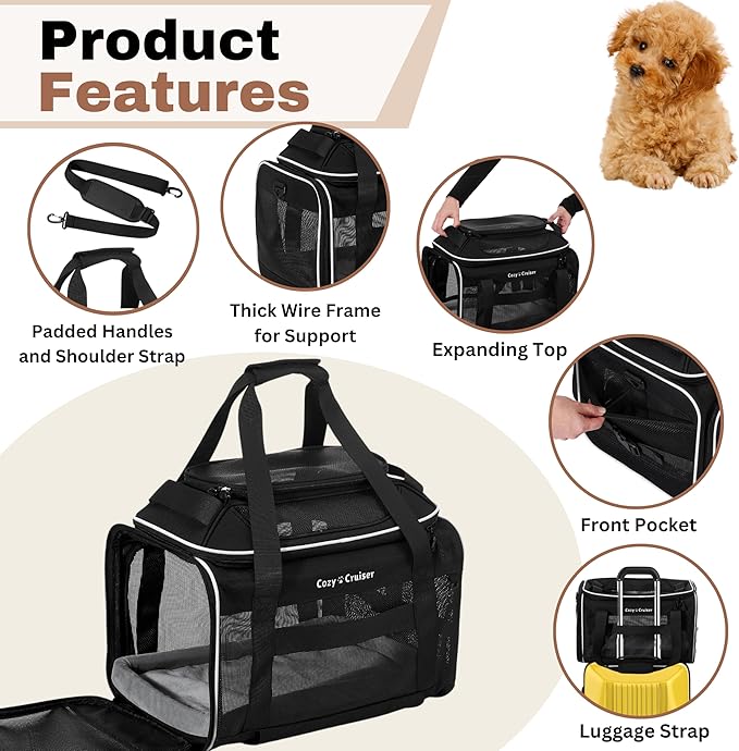 Airline Approved Top-Expanding Pet Carrier on Wheels- Extra Spacious Soft Lined Carrier! 18x11x11 (Black, Original Mesh Sides)
