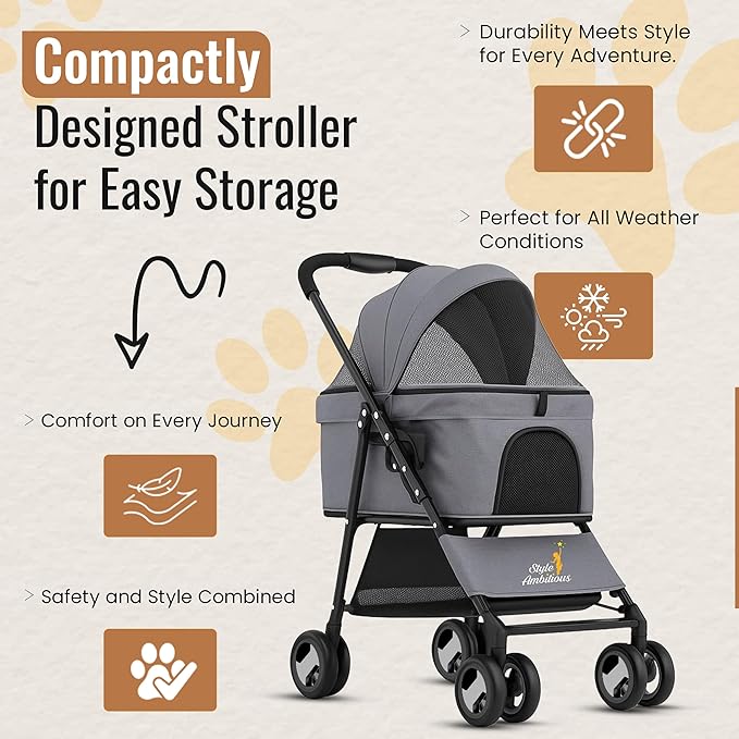 3 in 1 Pet Stroller - Foldable Dog Stroller & Pet Carrier - Included with Storage Bag, Cup Holder & Pet Leach - Cat Carrier with Detachable Basket & Breathable Canopy (Grey)