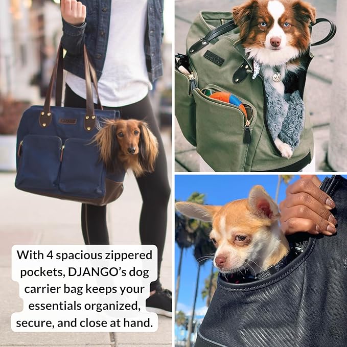 DJANGO Waxed Canvas & Leather Dog Carrier Tote Bag – Premium Soft-Sided Travel Dog Purse with Safety Leash, WR Lining, Zipper Pockets – Everyday Pet Carrier for Small Dogs up to 20 lbs (Navy, Large)