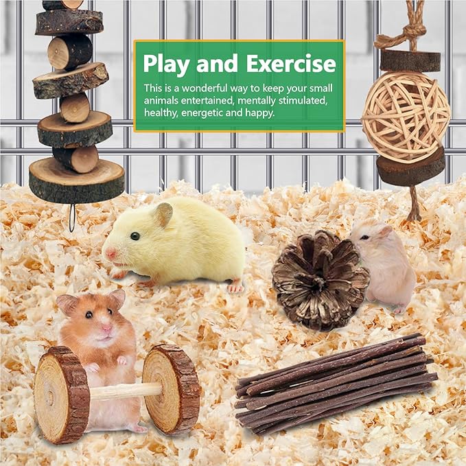 10 Different Hamster Chew Toys Wood, Rabbit Guinea Pig Chew Toys for Teeth Grinding, Chinchillas, Rabbit, Gerbils, Guinea Pig, Hamster Cage Accessories (Brown)