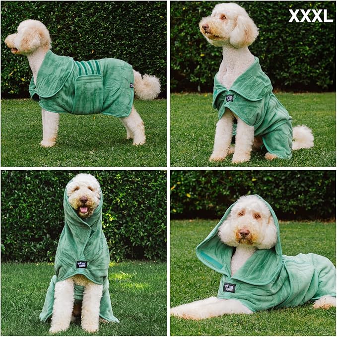 Tuff Pupper Fast Drying Dog Bath Robe | 800 GSM Plush Dog Towel Bathrobe/Dressing Gown | Super Absorbent Pet/Puppy Bathrobe | Adjustable Hood & Belly Strap | Super Soft | Fast Drying (XXXL, Green)