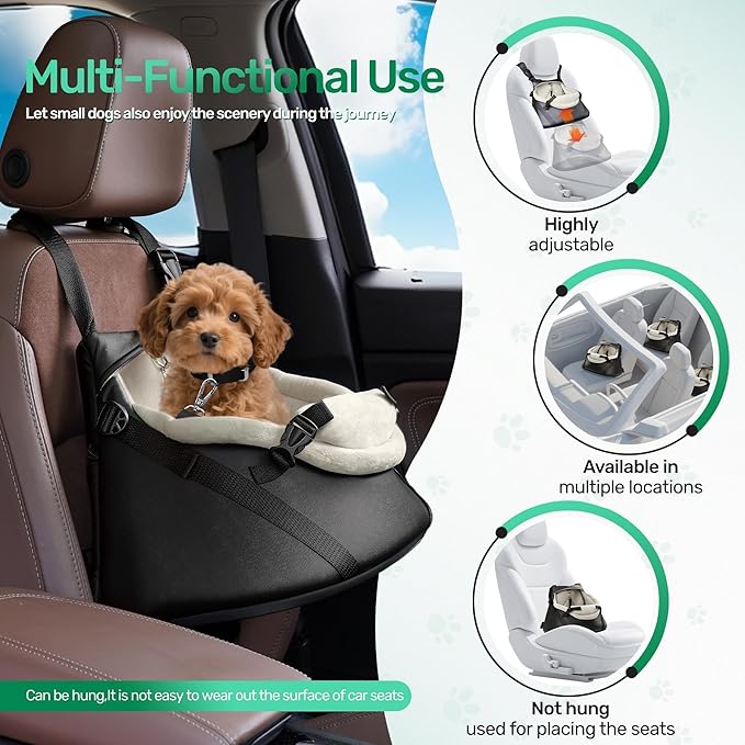 YUDODO Small Dog Car Seat Under 7lbs Luxury PU Leather Dog Booster Seat with Safety Belt, Soft Cushion, Can be Used as Pet Front Carrier Backpack Black