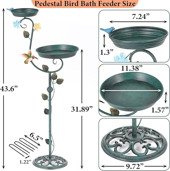 Bird Bath for Outside, 43" Tall Bird Baths and Feeders for Outdoors, Cast Iron Bird Bath and Feeder Combo, Metal Heavy Duty Birdbath Pedestal, Floral Decorative Birdbaths for Outdoor Garden
