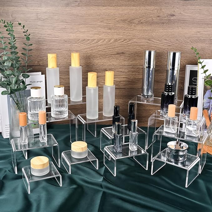 12 Pcs Small Size Acrylic Display Risers, 2 Sets Acrylic Risers Display Stands, 0.15" Thick Clear Shelf Riser, Risers Display Stands for Perfume, Dessert, Candy, Figure, Toys, Jewelry Showcase